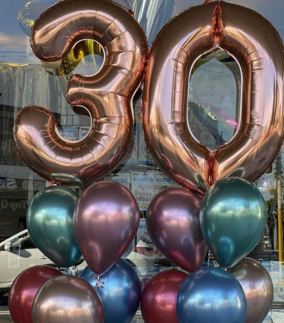 2 Large Rose Gold Numbers with 12 metallic / chrome latex 28cm balloons