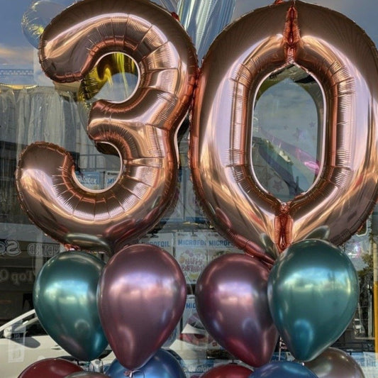 2 Large Rose Gold Numbers with 12 metallic / chrome latex 28cm balloons