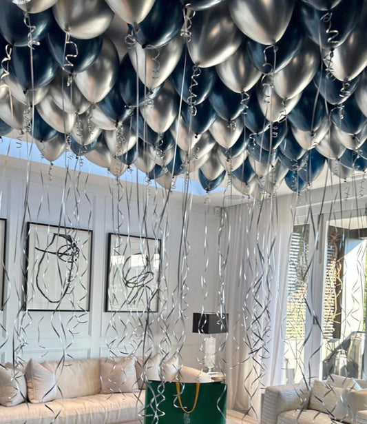 100 Ceiling Balloons - Silver and Navy